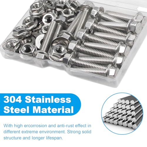 15 Sets 1/4-20 x 3/4" Flanged Hex Head Bolts Kits, 1/4-20 Flange Hexagon Screws and Nuts,Flat & Spring Lock Washers, 304 Stainless Steel 18-8,Fully Threaded - size: 1/4-20 x 3/4"