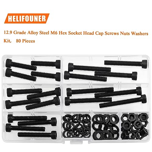 HELIFOUNER 80 Pieces M6 x 30mm /35mm /40mm /45mm /50mm, Hex Socket Head Cap Metric Screws Bolts Washers Nuts Kit, 12.9 Grade Alloy Steel, Fully Threaded, Black - size: M6 x 30/35/40/45/50mm, style: Socket Head