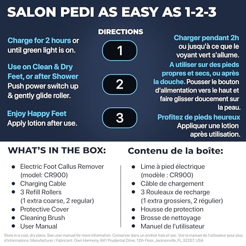 Electric Callus Remover: Rechargeable Electronic Foot File CR900 by Own Harmony (Powerful Motor) Best Pedicure Tools w 3 Rollers Professional Pedi Feet Care Sander for Cracked Heels and Hard Skin - color: Blue
