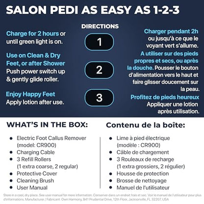 Electric Callus Remover: Rechargeable Electronic Foot File CR900 by Own Harmony (Powerful Motor) Best Pedicure Tools w 3 Rollers Professional Pedi Feet Care Sander for Cracked Heels and Hard Skin - color: Blue