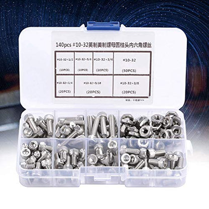 Garosa 140pcs Stainless Steel Hex Socket Head Bolts #10-32 Hex Screw Assortment Kit 6 Different Sizes with Storage Case