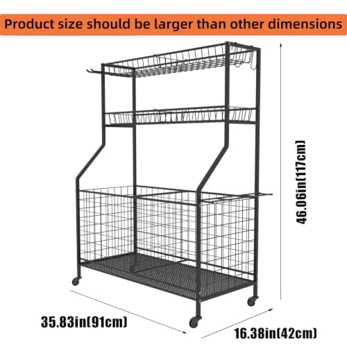 Garage Sports Equipment Organizer,Ball Storage Rack,Garage Organizer with Baskets and Hooks, Sports Gear Storage,Garage Ball Storage, Black
