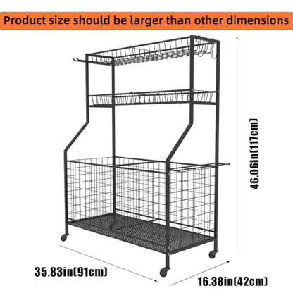 Garage Sports Equipment Organizer,Ball Storage Rack,Garage Organizer with Baskets and Hooks, Sports Gear Storage,Garage Ball Storage, Black