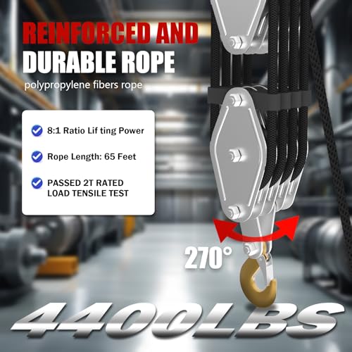 YATOINTO Rope Hoist Pulley System with Rope Guide Metal Bearing, 4400LB Pulley Block and Tackle, 8:1 Lifting Power 65ft, Heavy Duty Pulley Block for Hunting Lifting Pulling Garage Warehouses Building - color: black, size: (Anti-tangle)4wheels