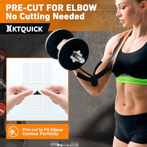KTQUICK Precut Kinesiology Tape for Elbow Valgus –12PCS Pain Relief Athletic Tape, Waterproof & Hypoallergenic Latex-Free, Elastic Breathable Long-Lasting Elbow Support Tape for All(Black)
