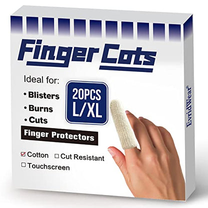 Evridwear 20PCS Cotton Finger Cots for Eczema, Cracked Skin, Calluses | Moisture Wicking Cotton Cushion Finger Covers Cot Sleeves Fingertips Protect for Men & Women,L/XL - size: 1 Pack Long