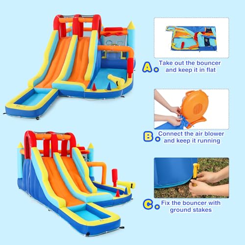 JOYLDIAS Inflatable Water Slide Park, Giant Bounce House with 450W Blower, Climbing Wall, Dual Basketball Hoops & Ring Toss Games - Outdoor Backyard Jumper for Kids Ages 3+ - color: 9 in 1