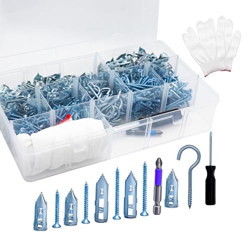 510pcs Self-Drilling Drywall Anchors with Screws and Screw Hooks,4 Sizes Screws and Drywall Anchor,1 Size Wall Anchors with Screw Hooks,Zinc Plated Expansion Screw Set No Drilling Required (Silver) - color: Silver