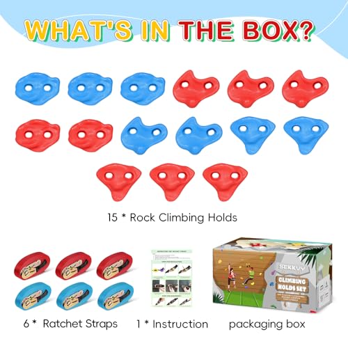 SEKKVY Tree Rock Climbing Kit for Kids - 15PCS Climbing Holds & 6 Ratchet Straps | No-Drill Tree Climbing Rocks | Outdoor Ninja Warrior Course | Birthday Gift for Boys Girls Ages 3+