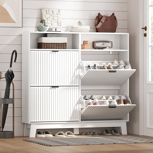 Shoe Cabinet Storage for Entryway with 4 Flip Drawers, Fluted Narrow Shoe Organizer with Wooden Legs & Top Cubby, Freestanding Slim Shoe Storage Hidden Shoe Rack for Front Door Entrance, White - color: White, size: 4 Drawer with Cubby