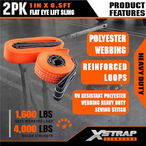 XSTRAP STANDARD 2PK 1"x6.5ft Lifting Sling Straps 2000 lb Vertical Capacity | 1600 lbs Choker / 4000 lbs Basket Capacity, 5:1 Safety Factor Polyester Web Slings for Rigging, Hoist, Tree Stump Removal - style: 2PK 1''x6.5ft