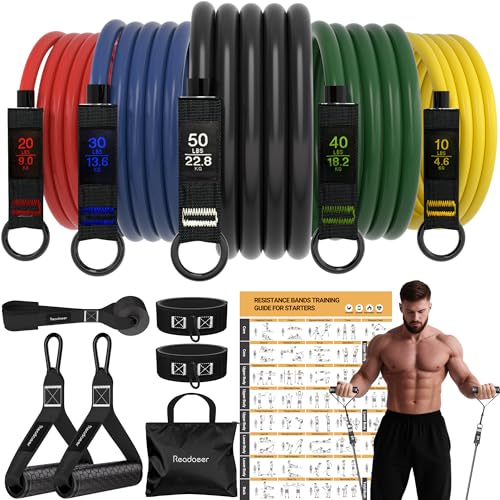 Readaeer Resistance Bands, Exercise Bands for Working Out with Handles | Resistance Bands with Handles, Door Anchor for Home Gym Full Body Strength Training, Muscle Tone, Yoga - size: 10-150LBS
