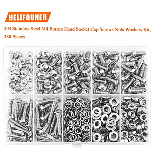 HELIFOUNER 380 Pieces M4 x 5mm /6mm /8mm /10mm /12mm /16mm /20mm, Button Head Socket Cap Screws Bolts Washers Nuts Kit, 304 Stainless Steel - size: M4, style: Button Head Socket Cap