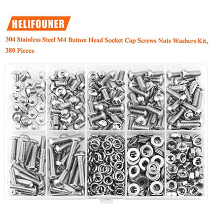 HELIFOUNER 380 Pieces M4 x 5mm /6mm /8mm /10mm /12mm /16mm /20mm, Button Head Socket Cap Screws Bolts Washers Nuts Kit, 304 Stainless Steel - size: M4, style: Button Head Socket Cap