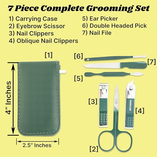 Made Easy Kit Portable Nail Clipper Set – 6-Piece Travel Manicure Kit for Men & Women – Includes Nail Clippers, Scissors, File & Grooming Tools in Compact Zip Pouch (Green) - color: Green