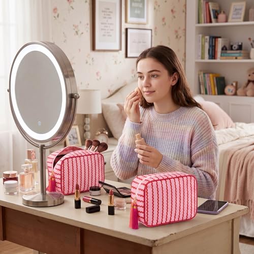 Kacctyen 6 Pack Raspberry Red and Light Pink Striped Makeup Bag bulk with Tassel Travel Cosmetic Pouch Organizer Large Zipper Toiletry Case for Women Aesthetic Storage Pouch Mahjong Tile Bag - color: Raspberry Red and Light Pink
