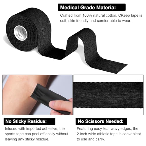 CKeep Athletic Tape, Original Cotton Waterproof Sports Tape 1 Roll, Black | Very Sturdy No Glue Residue Wrist Ankle Tape for Climbing, Boxing, Athletes, Baseball Bats, Strains, Sprains, Injuries - size: 1 Roll