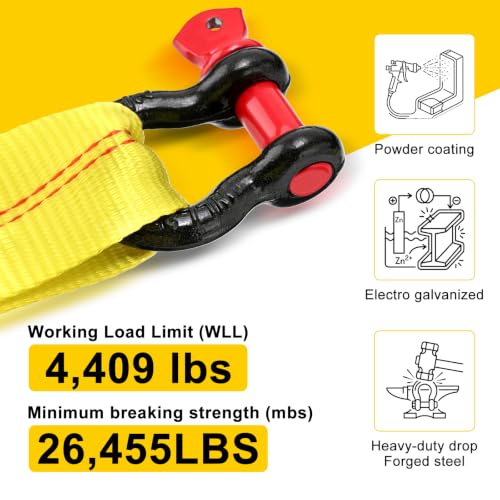 Pindex 2 Pack 2" x 8' Upgrade Web Lifting Sling & 1/2" D Ring Shackle 13000 Lbs Breaking Force 3500 Lbs Pulling Forces Lift Sling Straps for Rocks Trees Mowers Tool in Trailers Tractors Trucks, Yellow - size: 2" x 8' & Ring Shackle