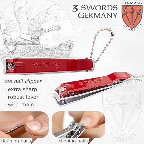 3 Swords Germany – Brand Quality fingernail & toenail Clipper, Manicure, Pedicure Nail Care by with Metal Nail File and case, red Edition - color: Red