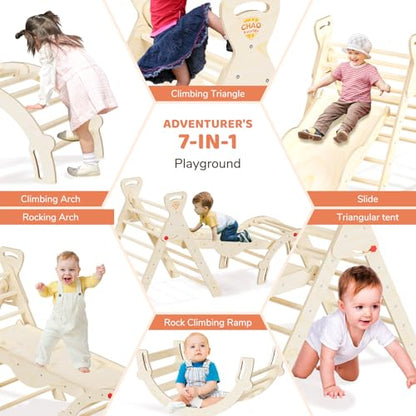 Pikler Triangle Set with Cushion, Wooden Toddler Climbing Toys Indoor | 8-in-1 Montessori jungle gym, foldable pikler triangle and wooden arch, birch plywood & beech round pole - color: Wood