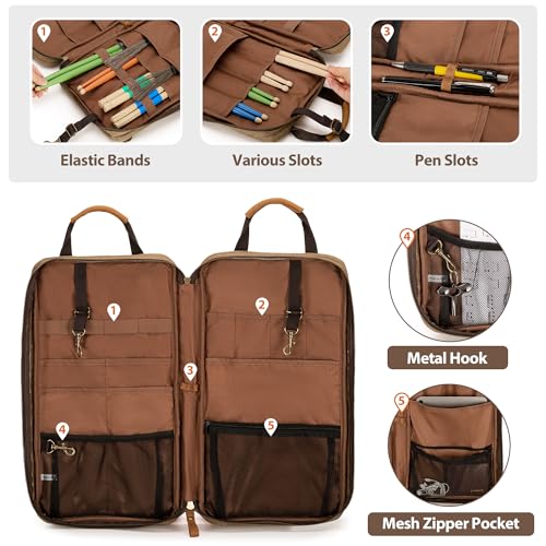 Damero Waxed Canvas Drum Stick Bag with Hanging Hooks and Shoulder Strap | Mallets Percussion Bag with Top Padded Handles, Stick Bag for Drumsticks and Mallets for Drummers, Beginners in Band, Gig