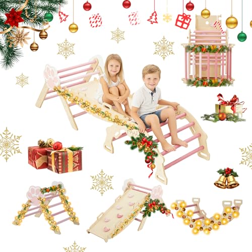 Pikler Triangle Set with Safe Handle, 7-in-1 Montessori Climbing Set for Toddlers, Wooden Pickler Climbing Set, Collapsible Climbing Triangle Climbing Set, Baby Jungle Gym & Playground, for 1-3 Year - color: Pink