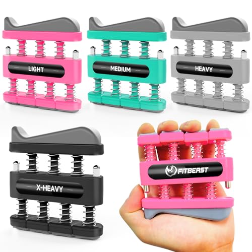 FitBeast Finger Strengthener, Finger Exerciser, Hand Exerciser for Improve Dexterity and Strength in Fingers, Hands, Forearms–Grip Strength Trainer for Musicians, Climbers - color: 4 Piece Set -Pink Light Blue Grey Black