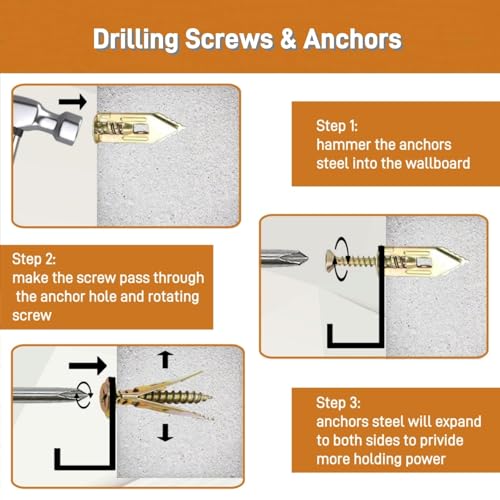 Self Drilling Drywall Anchors with Screws Kit, Premium Zinc Plated Steel Hollow Wall Anchors and Screws for Fixing TV, Cabinet, Curtains, 0.47"x1.18" Anchor & 0.31"x1.37" Screws (50pcs)