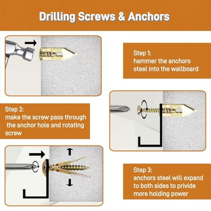 Self Drilling Drywall Anchors with Screws Kit, Premium Zinc Plated Steel Hollow Wall Anchors and Screws for Fixing TV, Cabinet, Curtains, 0.47"x1.18" Anchor & 0.31"x1.37" Screws (50pcs)