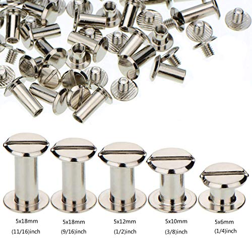100 Sets Chicago Screws Binding Screw Leather Screw Nail Rivet Button Solid Belt Tack,for DIY Leather Decoration Bookbinding - Silver M5x1/4, 3/8, 1/2, 9/16,11/16 Inches