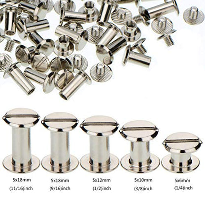 100 Sets Chicago Screws Binding Screw Leather Screw Nail Rivet Button Solid Belt Tack,for DIY Leather Decoration Bookbinding - Silver M5x1/4, 3/8, 1/2, 9/16,11/16 Inches