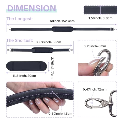 60 Inch Shoulder Strap for Bag with Removable Ultra-Thick Pad | 60" Shoulder Strap with Removable Thick Pad,Adjustable Buckles and Metal Hooks, for Briefcase/Laptop/Messenger/Luggage Bag - color: Black