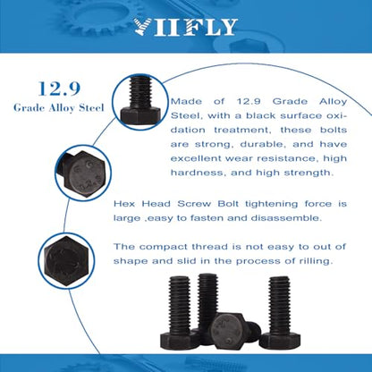 M6-1.0 Hex Head Screw Bolts - 10/12/16/20/25mm Length Kit, 12.9 Grade Alloy Steel, Hexagon Head Bolts, Black Oxide Finish, Full Thread,Quantity 50-Piece Set - size: 12.9-Hex-M6-10-25mm