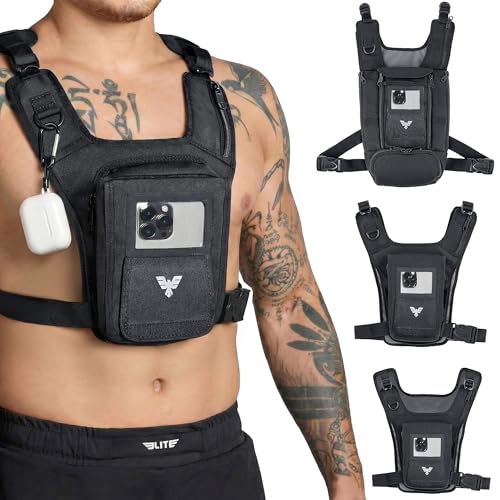 Elite Sports Running Vest w/Phone Holder for Men/Women, Reflective Lightweight Chest Pack w/Touch Friendly Phone Sleeve, Camera Pocket - Chest Rig for Hiking, Trail, Marathon, Camping - size: Small