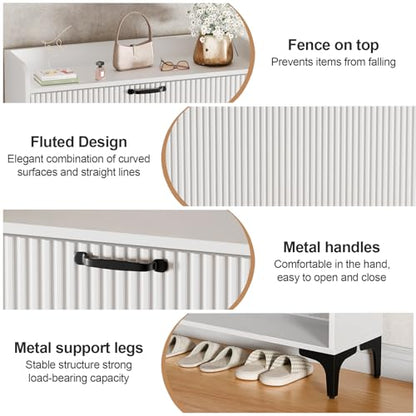 HIFYOBRO Narrow Shoe Storage Cabinet for Entryway, Shoe Cabinet with 2 Flip Drawers, Hidden Shoe Rack with Fluted Panel, Modern Freestanding Shoes Organizer for Hallway (White)