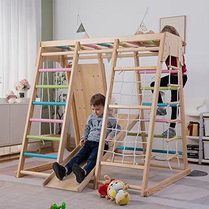 Avenlur Magnolia Indoor Playground 7-in-1 Jungle Gym Playset for Kids 2-6yrs - Slide, Climbing Wall, Rope Wall Climber, Monkey Bars, Swing - Waldorf and Montessori Style Wooden Climb Set. USA Company. | Wooden Montessori play gym, indoor playground ages 2