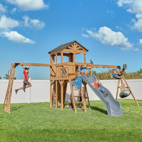 Backyard Discovery Dover Bay Spruce Wood Swing Set with Wave Slide, Clubhouse, Monkey Bars, Rock Wall, Belt Swings, Step Ladder, Toy Telescope, Chalkboard, Outdoor Playset - color: Grey Slide, style: Spruce
