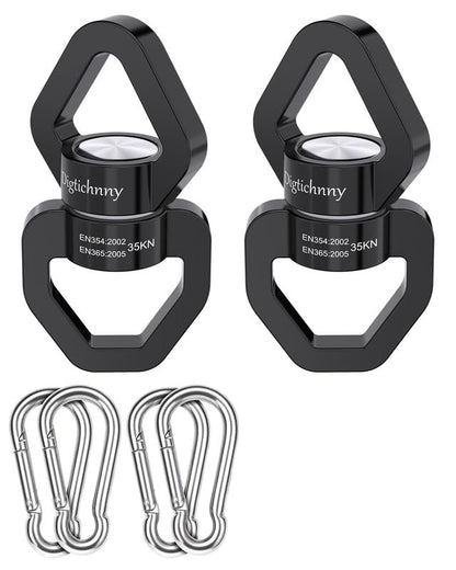 35KN Swing Swivel with Swivel Carabiner, Black, 2 Pack | For hanging chairs, aerial yoga, hammocks, tire swings, kids' swings, gym rings, web tree swings, smooth rotation - color: Black, size: 2 pack with carabiners