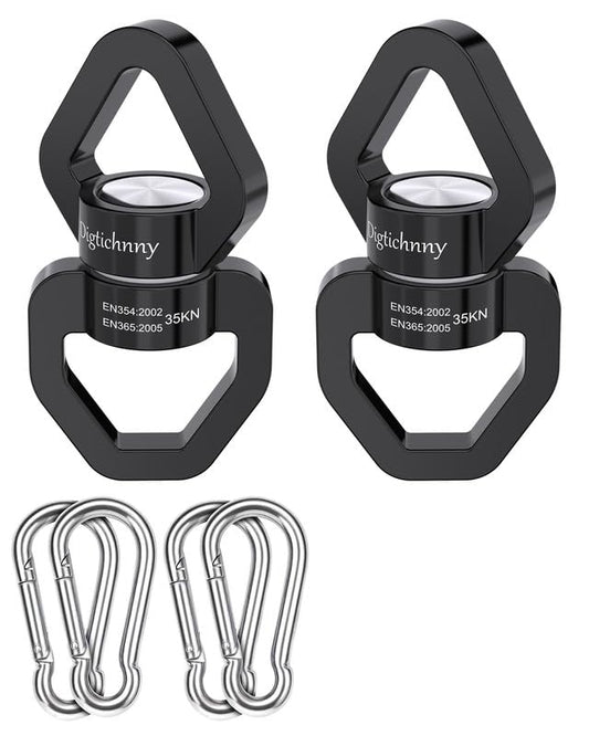 35KN Swing Swivel with Swivel Carabiner, Black, 2 Pack | For hanging chairs, aerial yoga, hammocks, tire swings, kids' swings, gym rings, web tree swings, smooth rotation - color: Black, size: 2 pack with carabiners