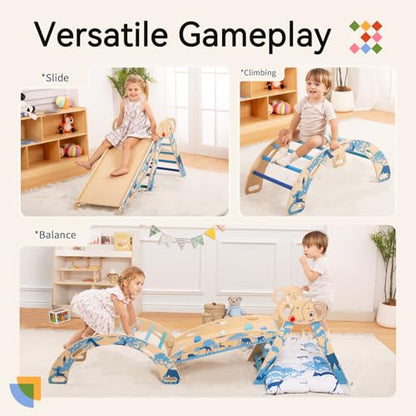 WINGYZ Pikler Triangle Set, Montessori 8-in-1 Foldable Climbing Set | Reversible Animal Slide, Patent-Protected Jungle Gym, Safe 2.35in Gap, ASTM F963 Standards for Toddlers 18M-5Y, Blue - color: Blue