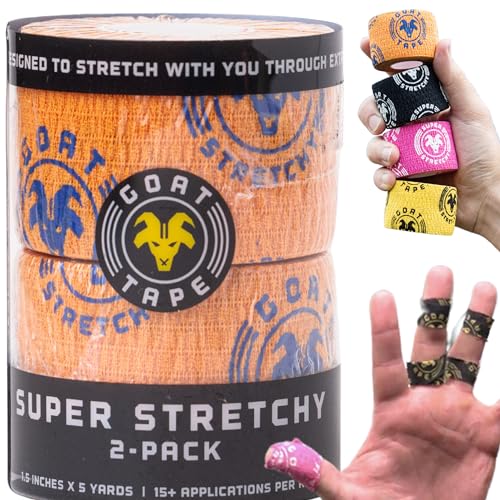 Goat Tape Super Stretchy Thumb Tape - Weightlifting Hook Grip Tape & WOD Tape for Cross Training, Gym Workout Tape, Athletic Finger Wrap - Flexes with Every Move - 15 Feet per Roll (Orange 2-Pack) - color: Orange 2-pack