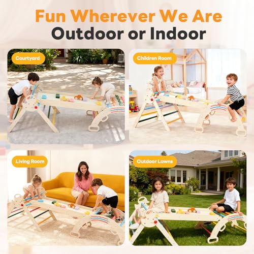 NEWBULIG Pikler Triangle Set for Toddlers, 9-in-1 Foldable Montessori Climbing Toys Indoor Playground with Arch & Ramp & Ladder, Wooden Montessori Climbing Set for Indoor Active Play, Rainbow