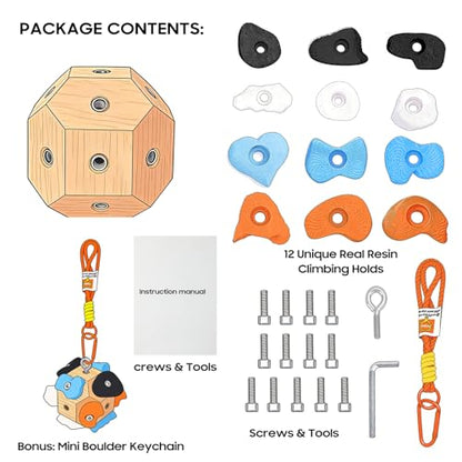 Boulder Block – 12 Solid Resin Climbing Holds on Wood Base, Portable Finger Strength Trainer for Bouldering, Climbing Grip Strengthener with Lanyard