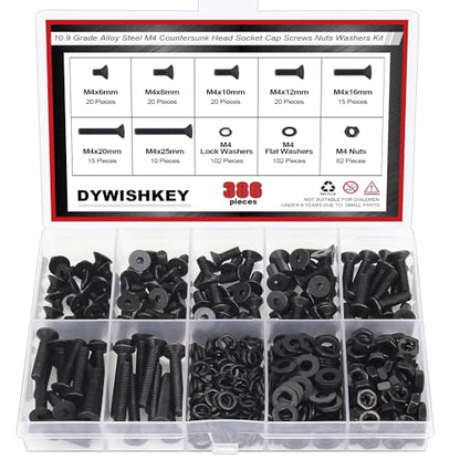 DYWISHKEY 386 Pieces M4 Black Screws, 10.9 Grade Alloy Steel M4x 6/8 /10/12 /16/20 /25mm Countersunk Head Socket Cap Screws Bolts Nuts Washers Assortment Kit - size: M4, style: Countersunk Head Socket Cap