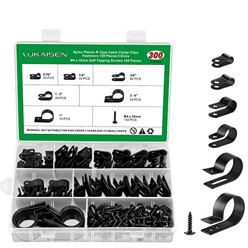 300PCS Nylon R-Type Cable Clips for Cable Management with M4 Screw, 6 Sizes | Good Ductility, Fireproof, 6 Sizes (3/16'' 1/4'' 3/8'' 1/2'' 3/4'' 1''), 150pcs M4 Black Screws, for TV/PC/AC Cables & Wires