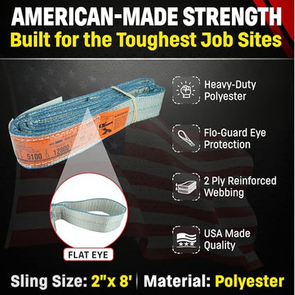 Chenango Supply Eye & Eye 2 Ply Rigging DD Slings | USA-Made, Heavy Duty, Marine Flo Guard Polyester, for Lifting & Material Handling (Multiple Sizes and Capacities) - size: 2" x 8'
