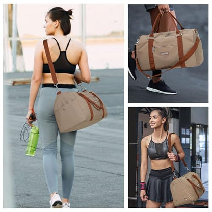 FIORETTO Womens Gym Tote Duffle Weekender Bag with Wet Pocket & Shoe Compartment, Ideal for Travel, Swimming, Dance, Khaki - color: Khaki, style: Gym Bag