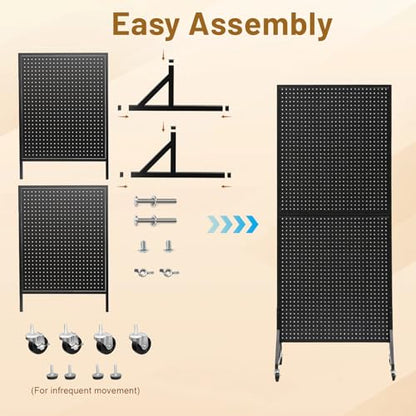2 x 5.5 FT Metal Pegboard Display Stand with Wheel & Leveling Feet | Peg Board Panels Display Rack with 30 Hooks for Retail Store, Craft Show, Garage, Jewelry Organizer, Black - color: Black
