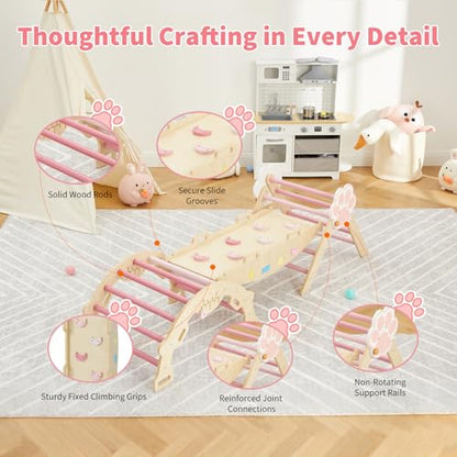 Takywep Pikler Triangle Set, 7-in-1 Foldable Pikler Triangle Climbing Toys Set with Arch & Ramp & Ladder, Indoor Playground Gym, Wooden Montessor Climbing Set for Kids Toddler - color: Pink-cat