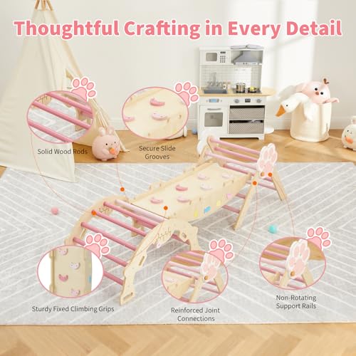 Pikler Triangle Set with Safe Handle, 7-in-1 Montessori Climbing Set for Toddlers, Wooden Pickler Climbing Set, Collapsible Climbing Triangle Climbing Set, Baby Jungle Gym & Playground, for 1-3 Year - color: Pink